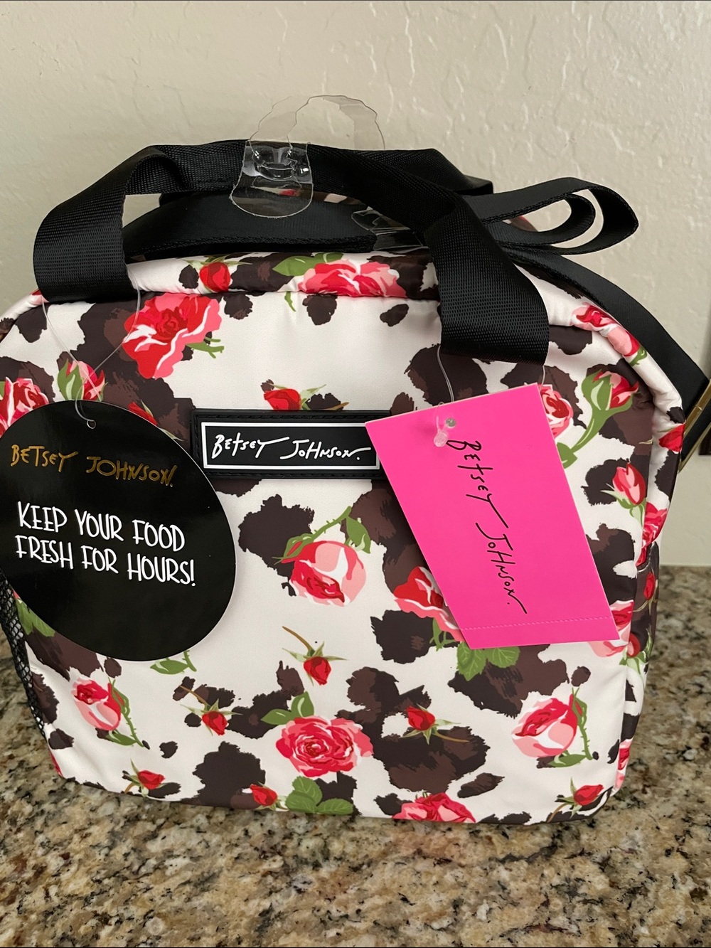 Betsey Johnson White Floral Travel Lunch Bag with Black Trim and Pink Tag